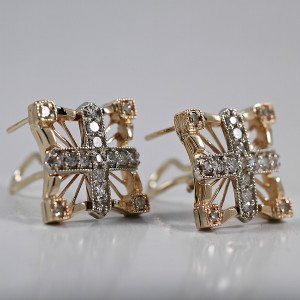 custom 14 kt white and yellow goldamd diamond cross filigree omega earrings