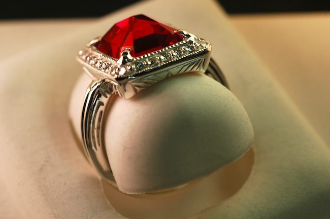 custom 14 Kt white gold and diamond ruby art deco style custom ring