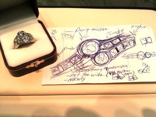 sketch with 14 kt white gold custom diamond bezel ring