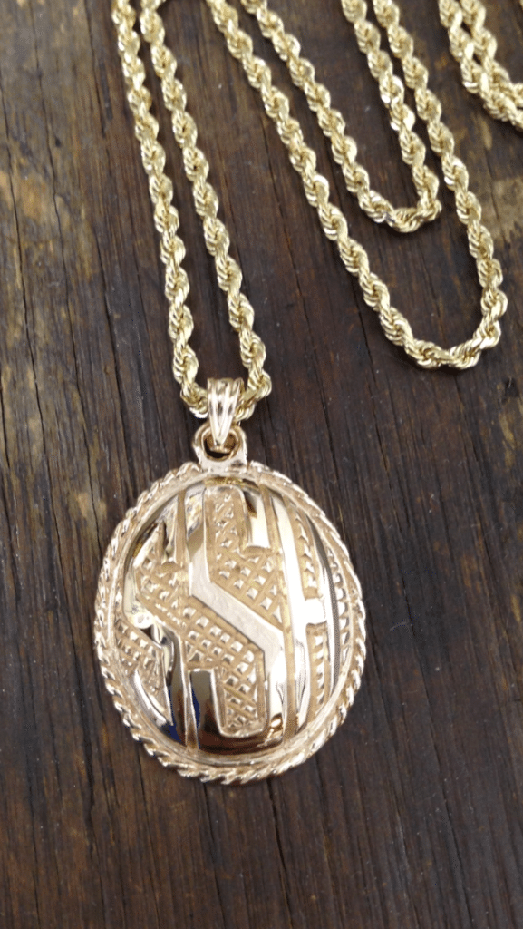 Custom Designed Textured Monogram Pendant 14 Kt Yellow Gold with Rope Accent Border and Rope Chain Necklace
