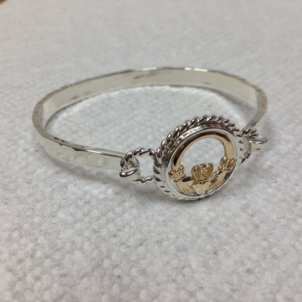 Stellor Omega Style Sterling Silver With 14 Kt Yellow Gold Claddagh Style Bracelet