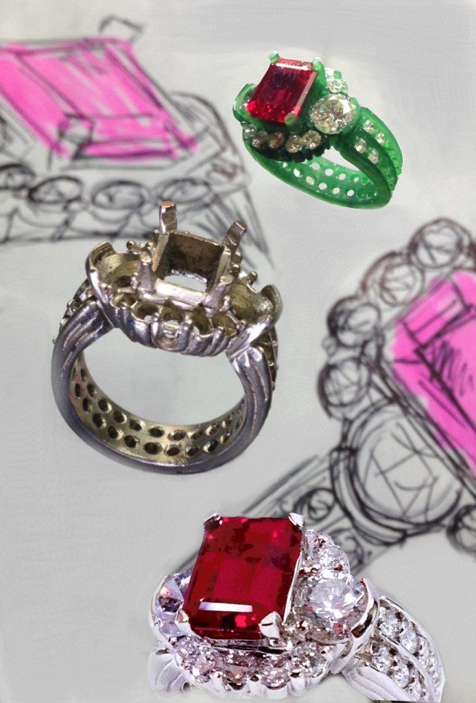 The custom ring process of a Ruby and Diamond ring from concept sketch, wax, casting to the finished amazing piece.