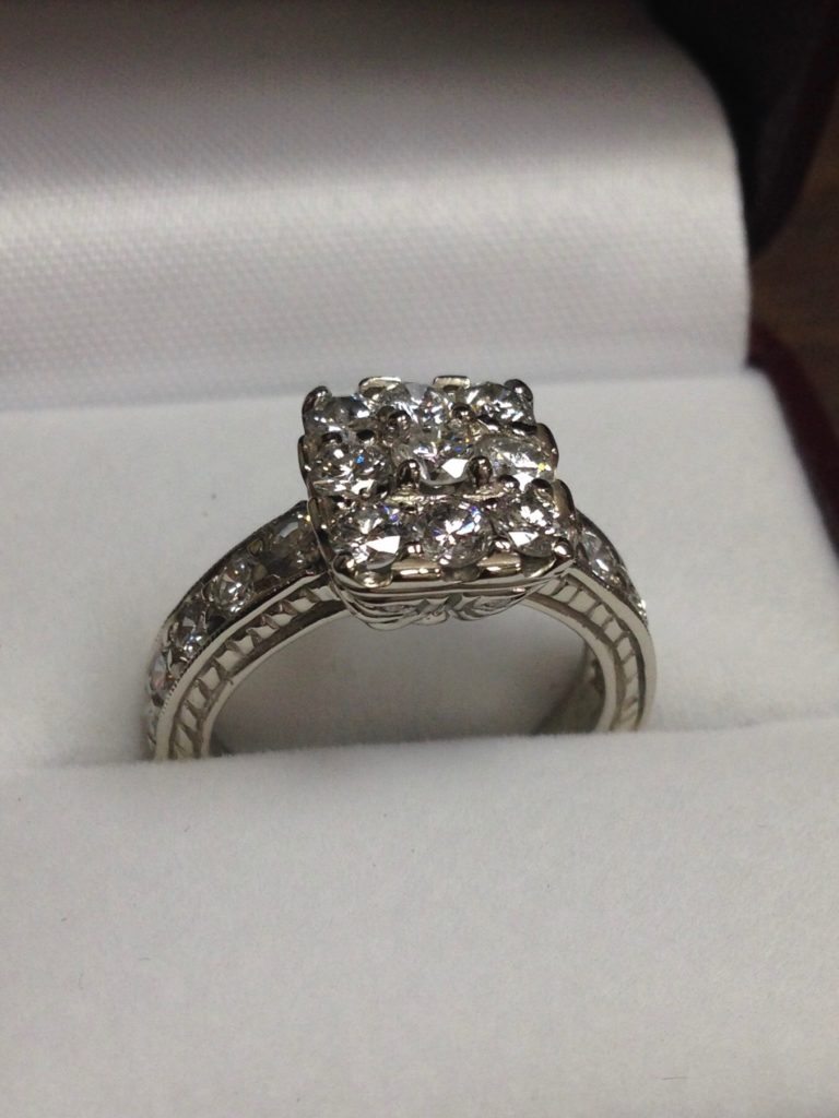 Custom designed antique and vintage inspired 14Kt  white gold and diamond ring