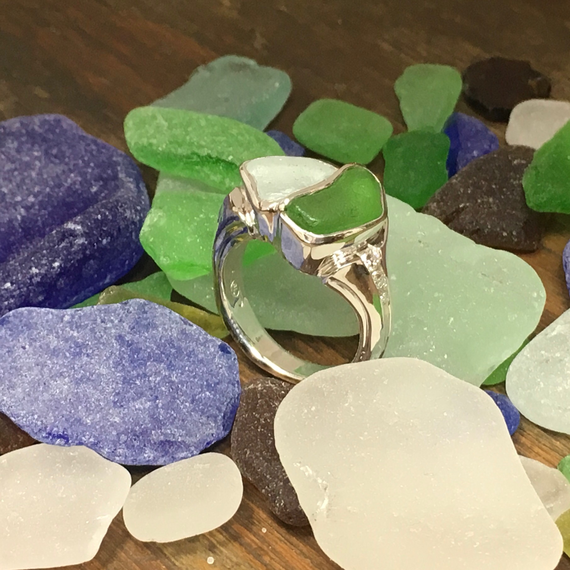 Custom Sea Glass and Diamond Engagement Style Ring