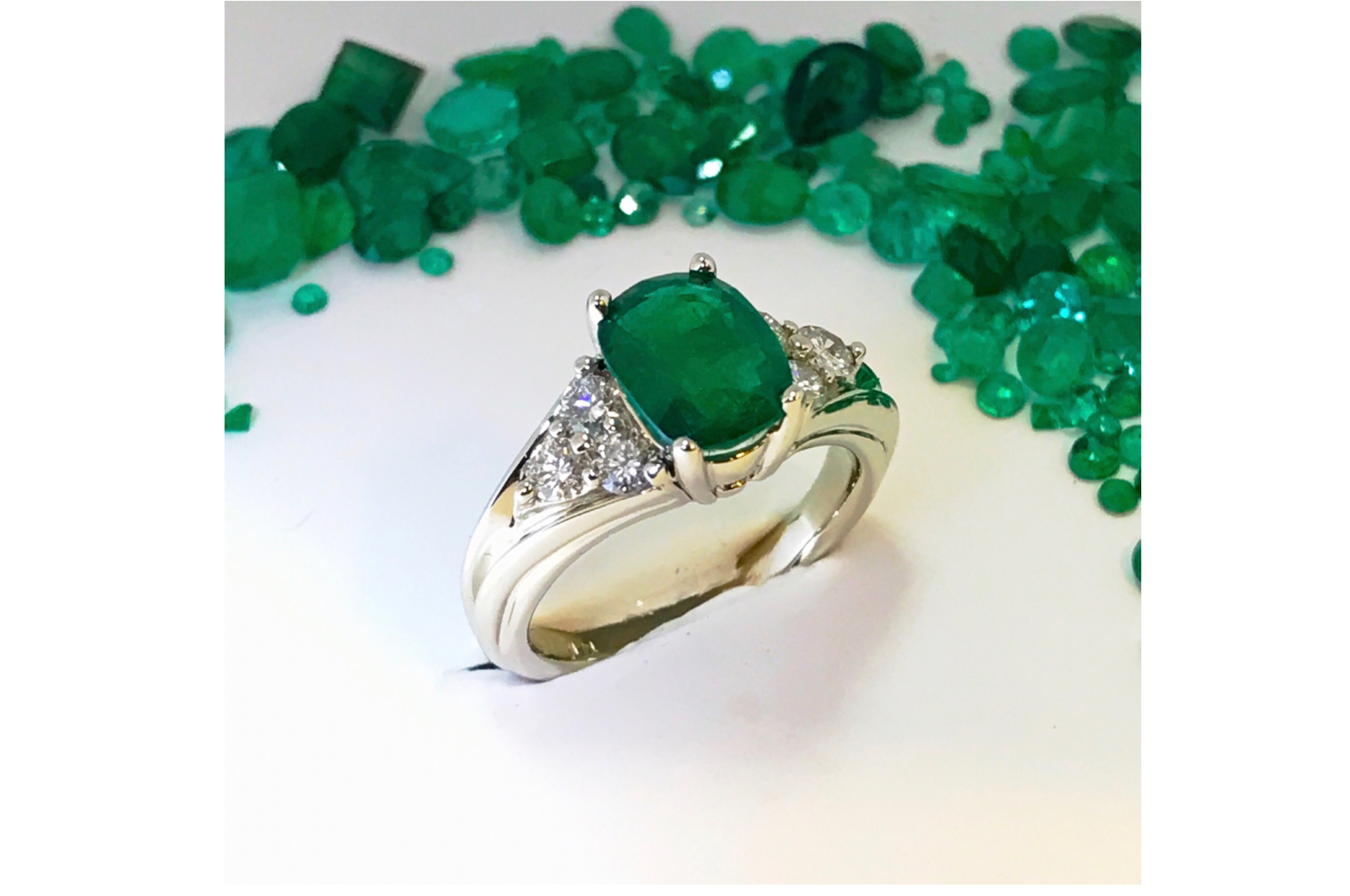 Custom Designed 14 Kt White Gold Emerald and Diamond Ring