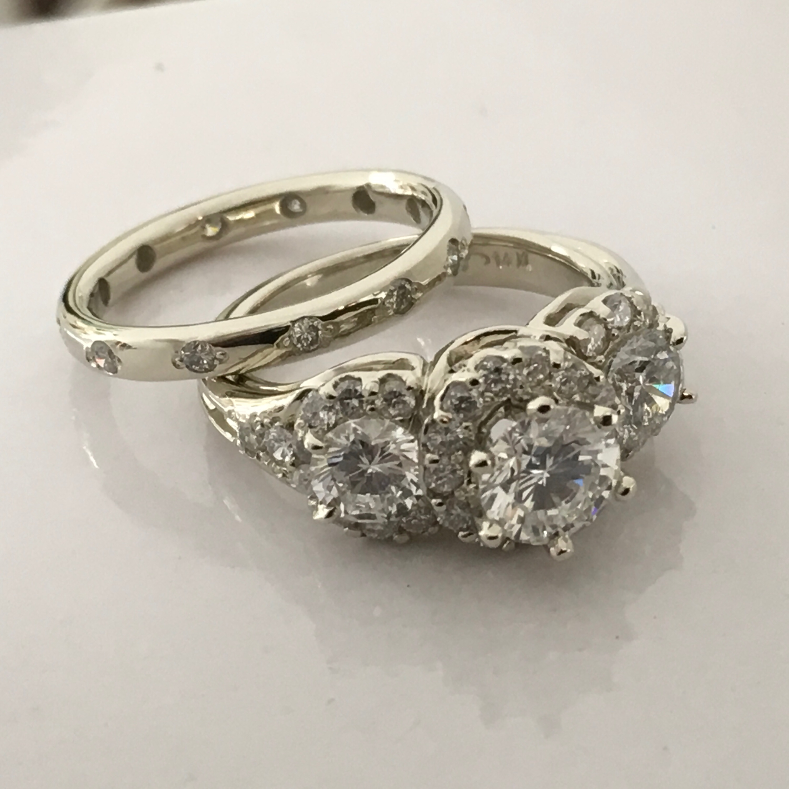 14 Kt White Gold Custom Designed Three Stone Diamond Halo Engagement Ring With Diamond Wedding Band Set With Diamonds All Around