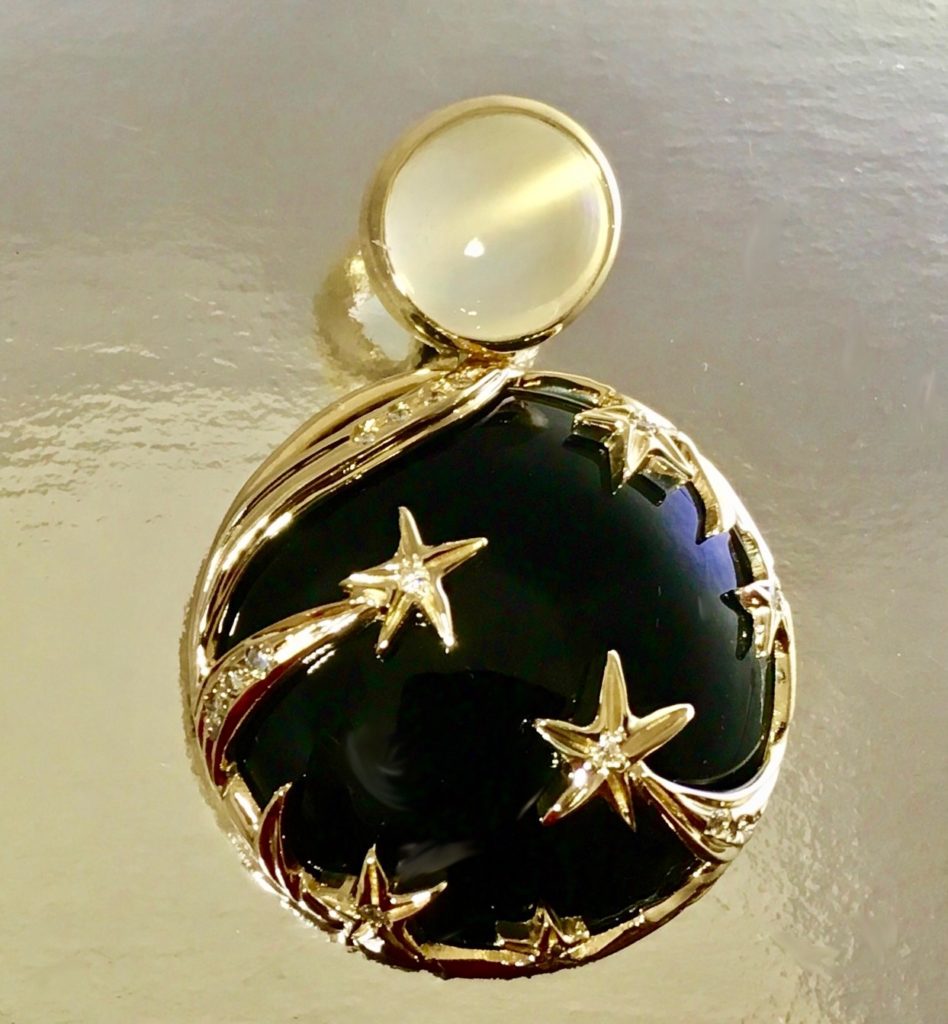 Custom One Of A Kind 14 Kt Yellow Gold Black Onyx and Shooting Star With Diamonds And  Moonstone Pendant