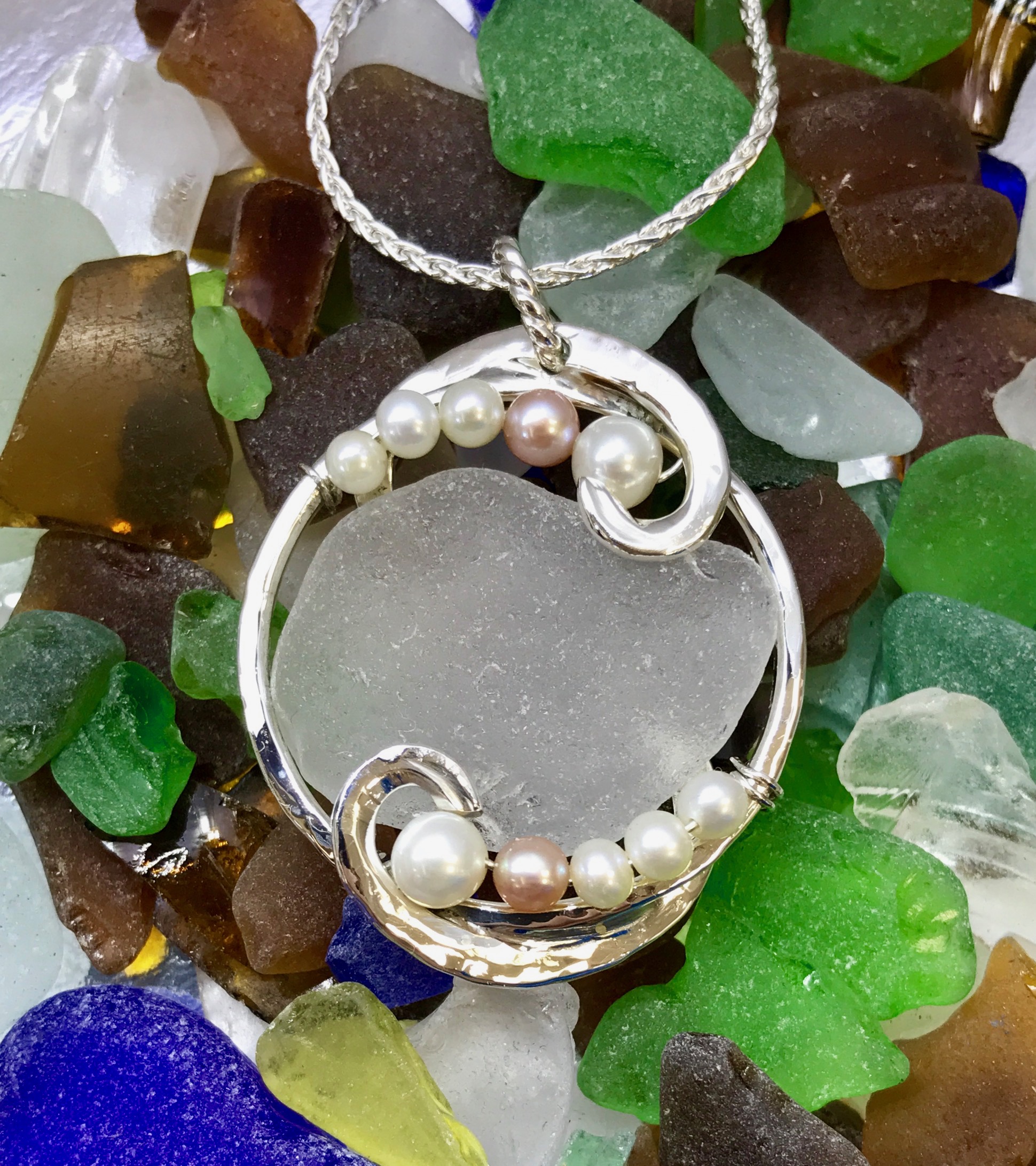 Custom Designed Sterling Silver Plymouth Beach Glass Pendant With Graduating Colored Cultured Akoya Pearls