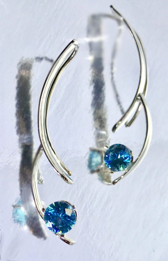 Custom Designed 14 Kt White Gold Blue Zircon Drop Style Earrings