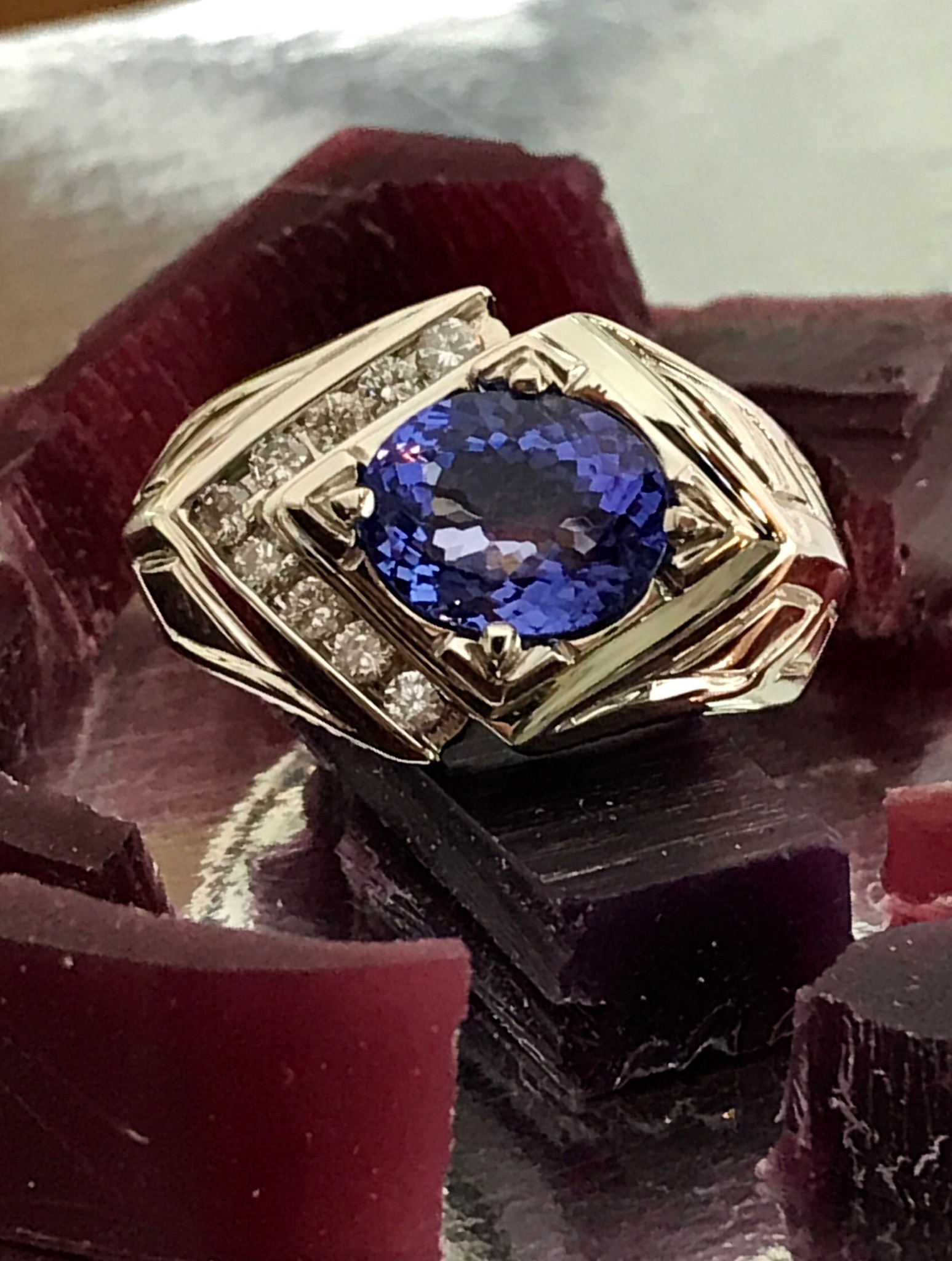 Custom Designed 14 Kt White Gold Tanzanite And Diamond Art Deco Inspired Ring 
