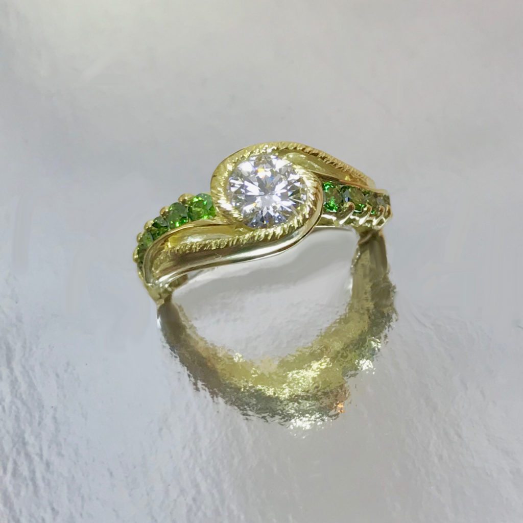 green.diamond.blackcherry.engagement.18karat.gold.ring 18 Kt Green Gold Custom Designed Black Cherry Leaf
Diamond Engagement Style Ring Set With Green Diamonds