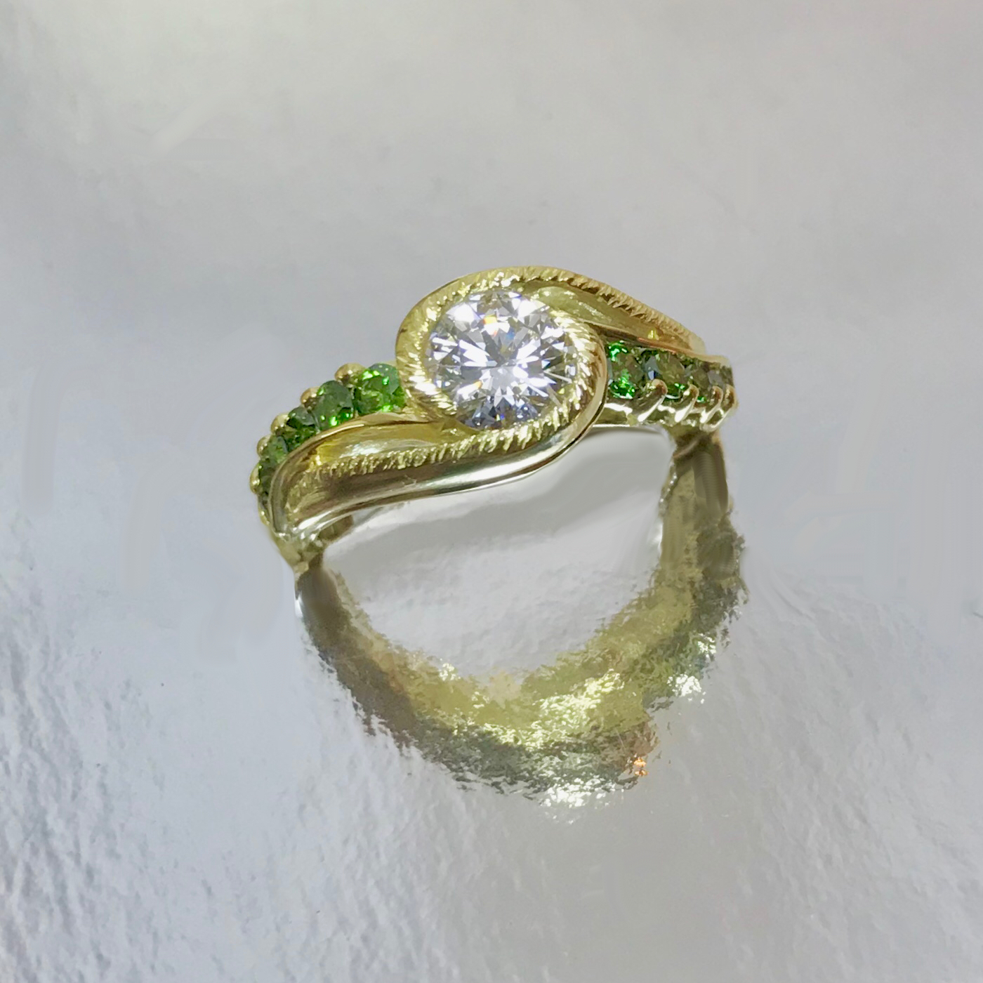 18 Kt Green Gold Custom Designed Black Cherry Leaf 
Diamond Engagement Style Ring Set With Green Diamonds