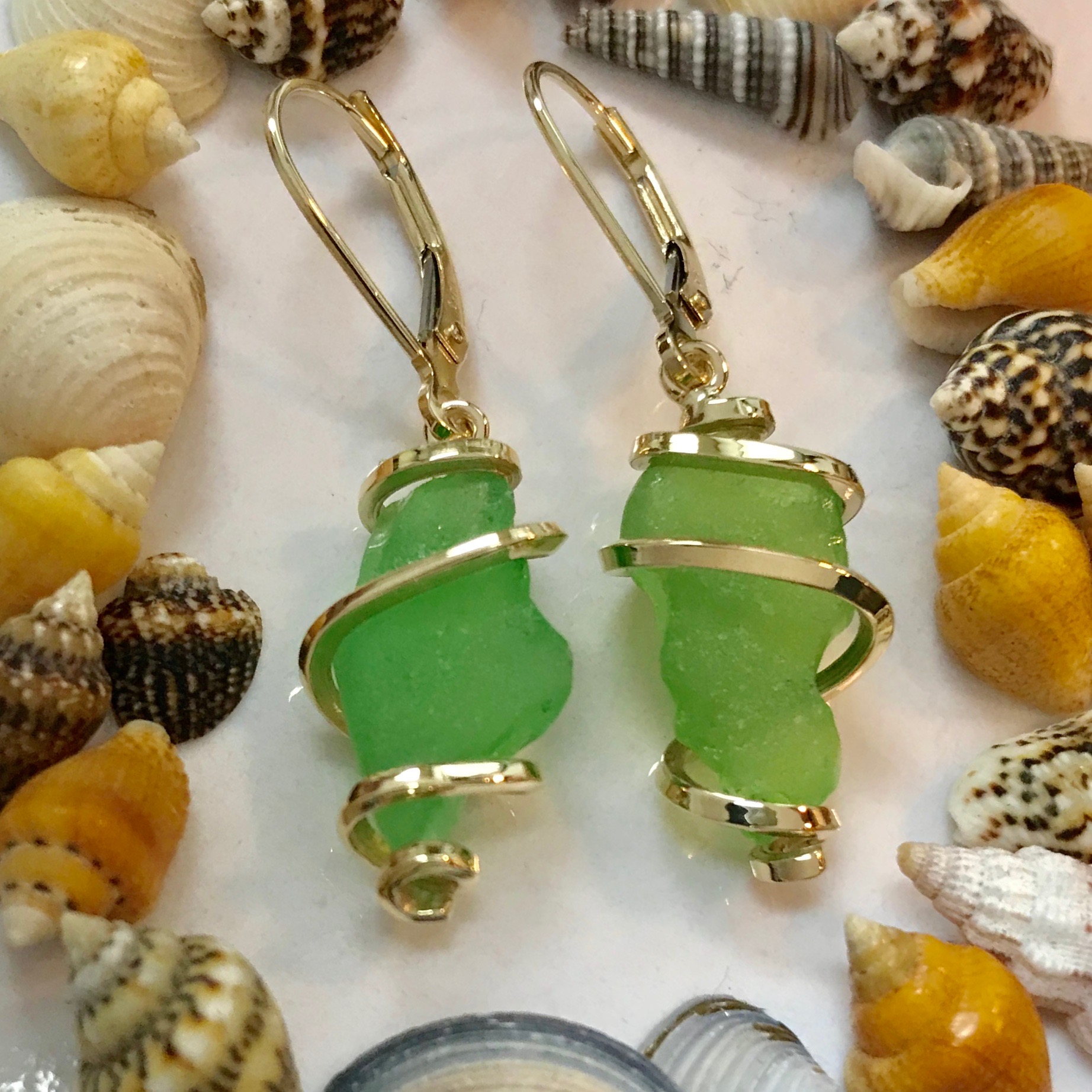 Custom Designed 14 Kt Gold Exclusive Stellor Spiral  Earrings With Plymouth Beach Glass