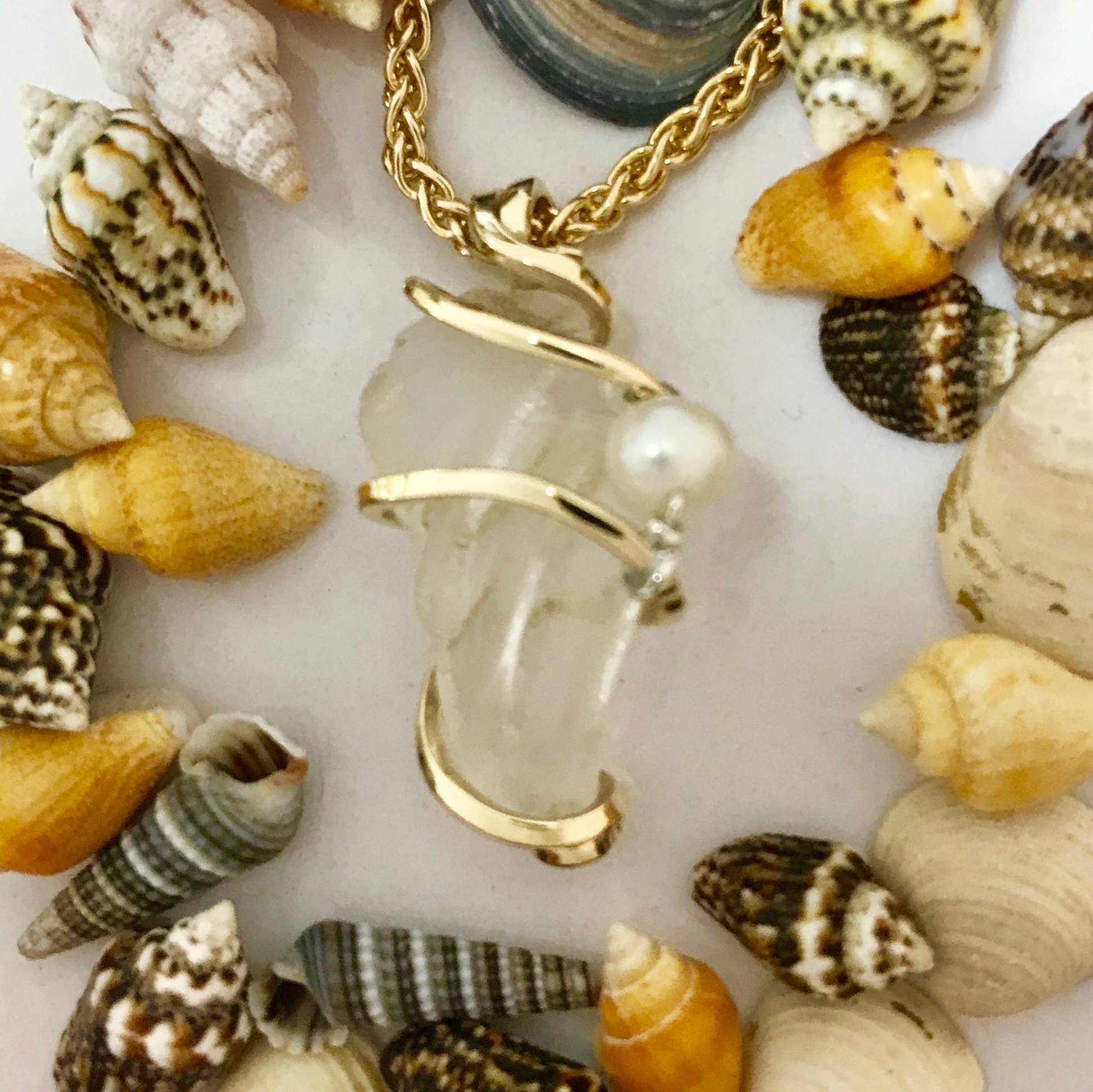Custom Designed 14 Kt Yellow Gold Exclusive Stellor Spiral Plymouth Beach Glass With Cultured Pearl
