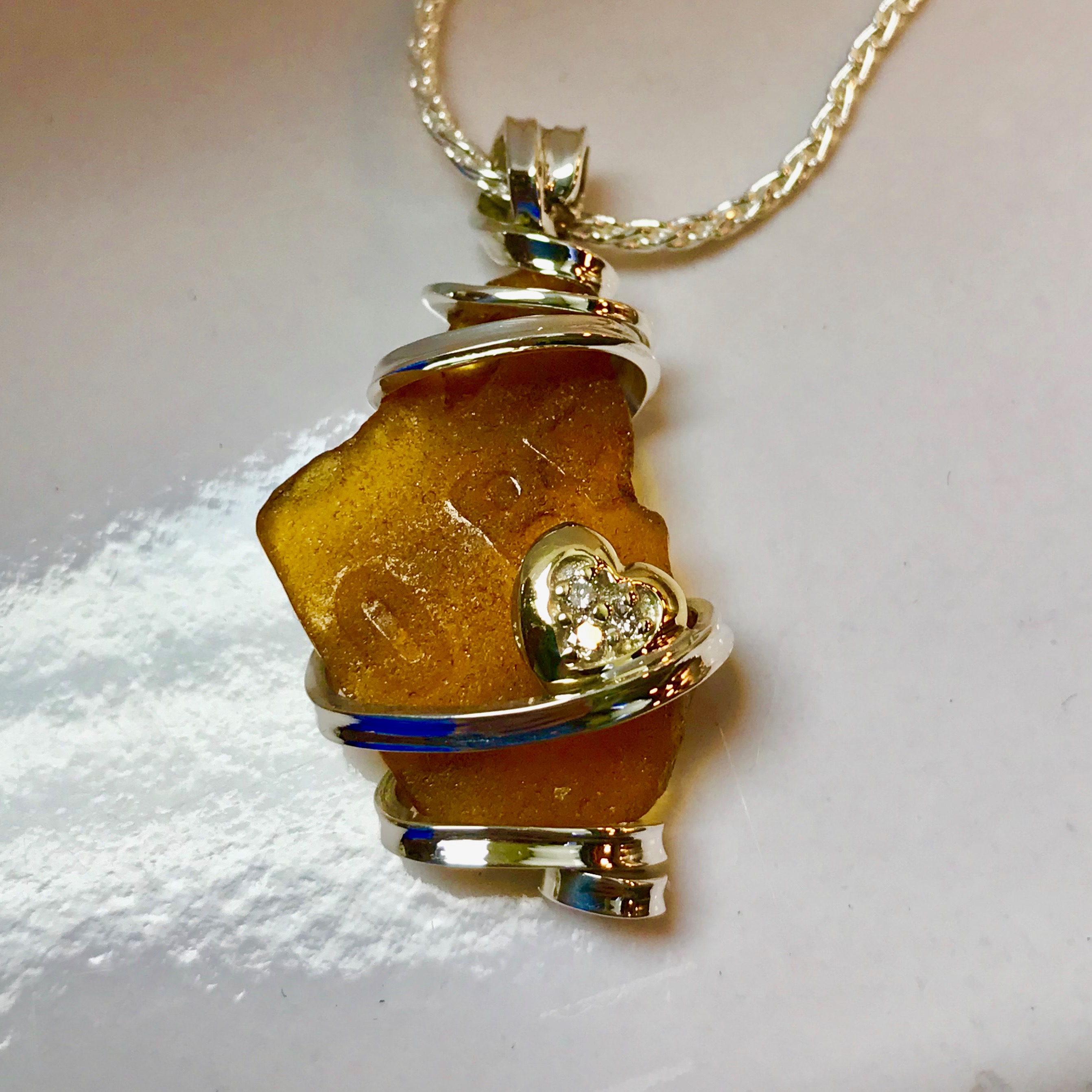 Rare Piece Of Plymouth Beach Glass From Our Stellor Beach Glass Spiral Collection Featured With A Diamond Heart