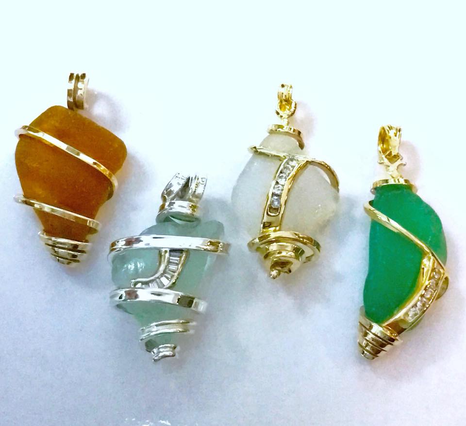 Custom Designed 14 Kt White And Yellow Gold  Stellor Custom Spiral  Necklaces Featuring Authentic Plymouth Beach Glass And Diamonds