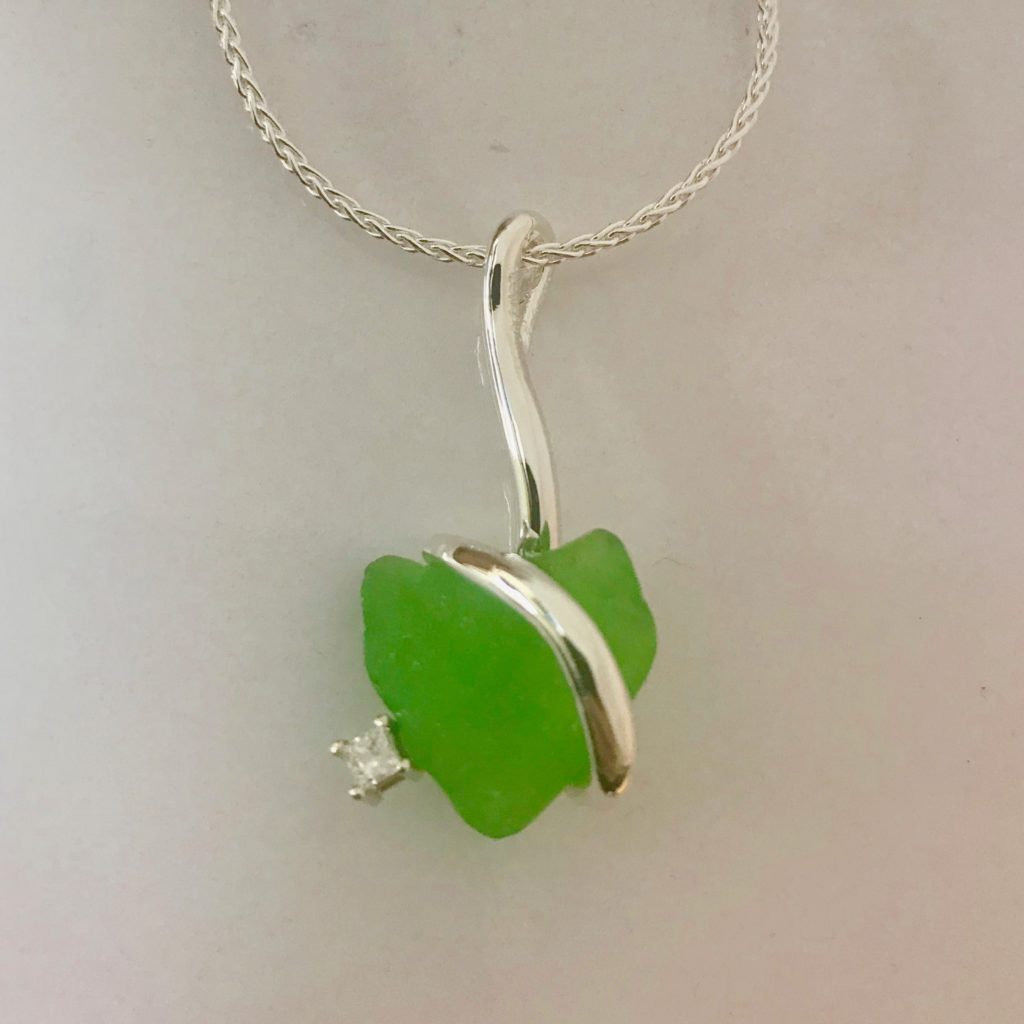 Sterling SIlver Custom Designed Love Knot Necklace With Genuine Plymouth Beach Glass And Princess Cut Diamond