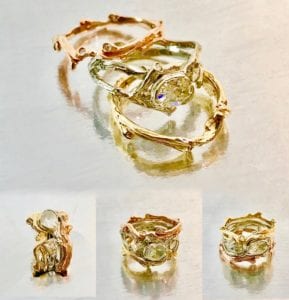 Custom Designed White, Yellow, and Rose Gold Diamond Organic "Branch" Engagement Style Ring with Matching Contouring Wedding Organic Bands