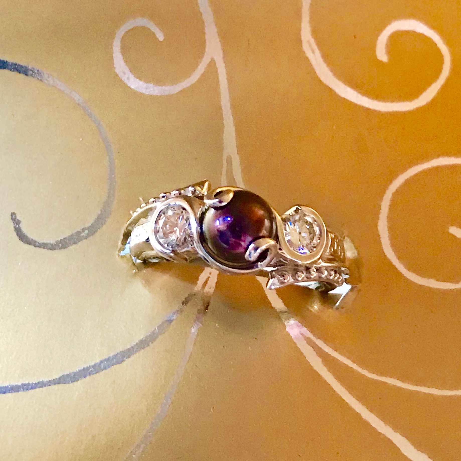 Ladies Custom Pearl And Diamond  Swirl Engagement Style Ring
