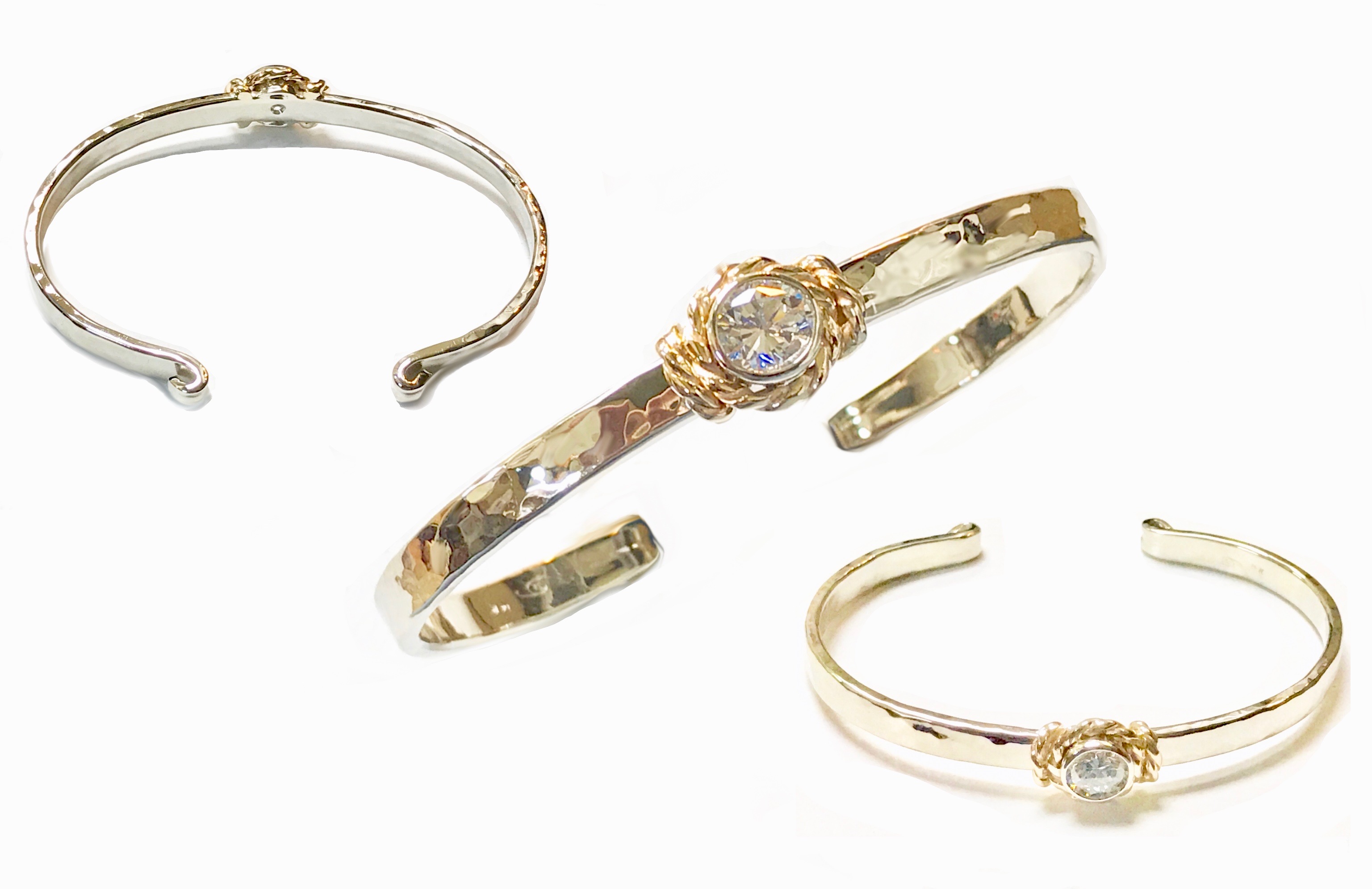 Custom Designed 14Kt Two Tone  Hammered Textured Diamond Bezel Cuff Style Bracelet  With Rope Accent Designs 