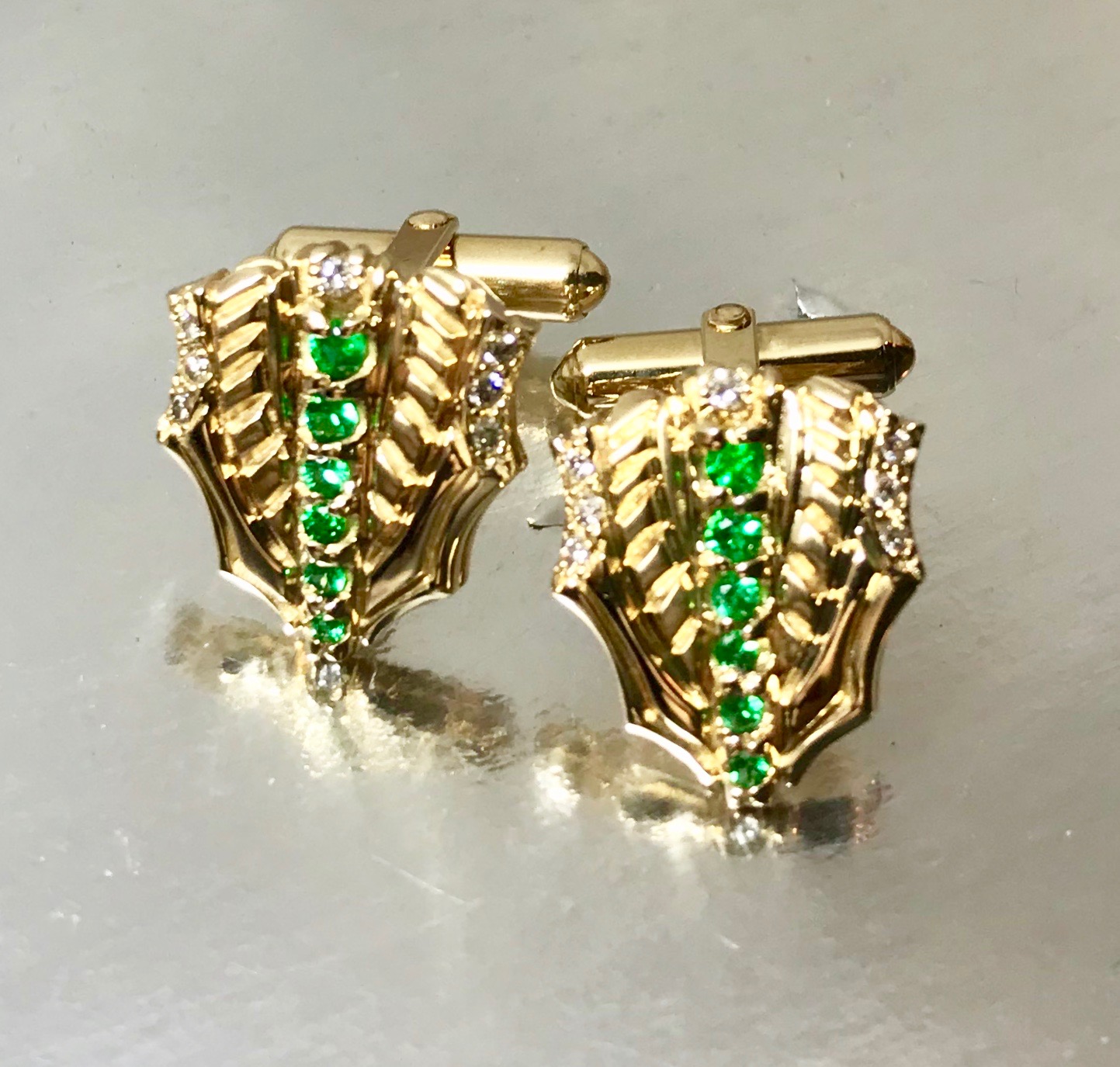 14 Kt Yellow Gold And Emerald Pair Of Custom Designed Cufflinks