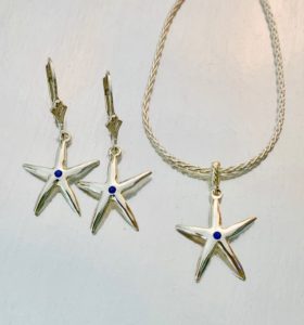 Custom Starfish Pendant and earring Set with sapphires