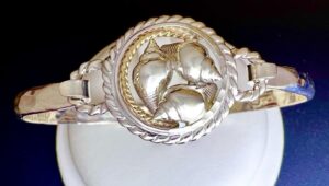 Three Conch Shells Sterling Silver With 14 Kt Rope Edging Bracelet Top